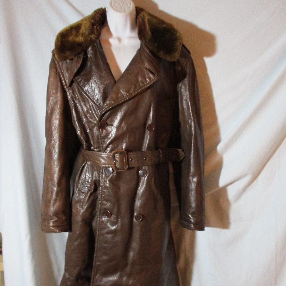 Vintage WWII US NAVY AIRCRAFT Leather Fur Jacket Trench Coat BROWN 42 Lined Belt